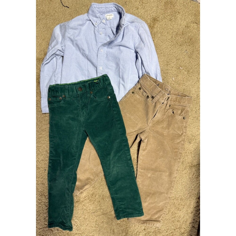 Crewcuts J.Crew Boys Kids Corduroy Pants tan, blue button down shirt LOT size 4